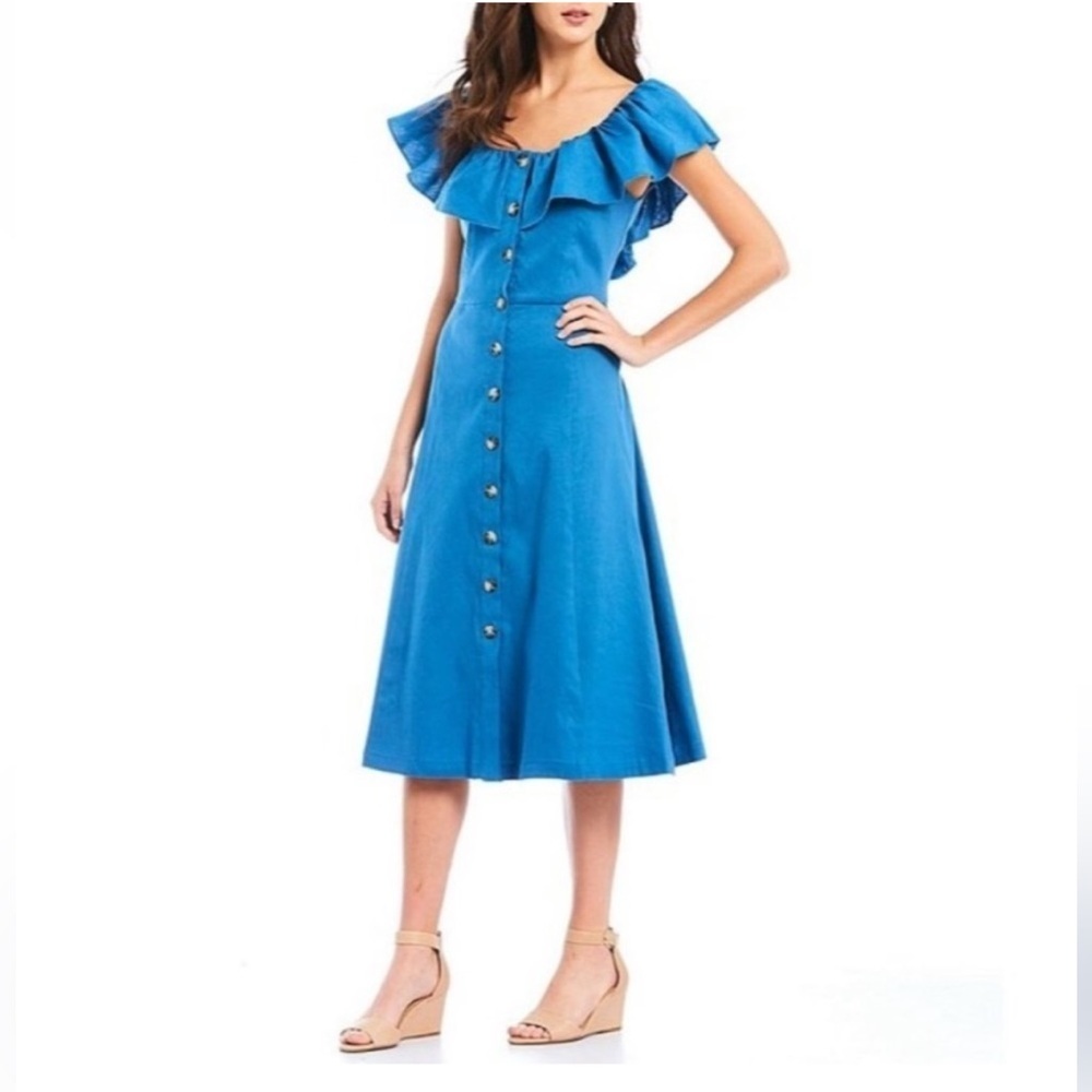 ANTONIO MELANI Ember Linen  Blue Button-Front Midi Dress